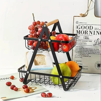 Fruit Basket Kitchen Organizer 2 or 3 Tier Metal Stand with Removable Wooden Handles for Countertop