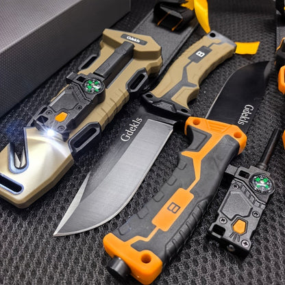 Fixed Blade Outdoor Camping Knife 9.64 Inch Stainless Steel, Survival Hunting Knife with Flint Fire Starter Night Light Sharpener Safety