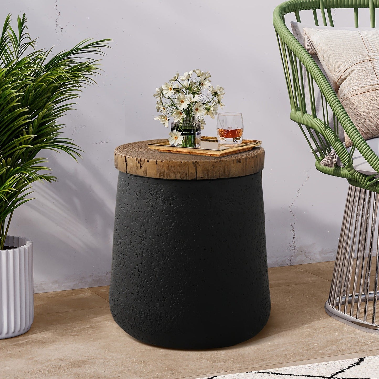 Outdoor Side Table 17-Inch Concrete Design with Wood-Look Top in Black, Hourglass and Compact Options