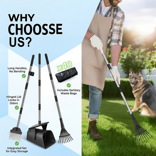 Dog Pooper Scooper with Long Handle & Swivel Bin – Heavy Duty Rake Spade Set, 40 Waste Bags Included, Pet Waste Removal for Yard Grass