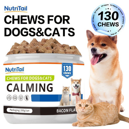 Pet Soft Chews for Skin & Hair, Probiotics & Calming – 200g / 130 Chewable Tablets, Moisturizes Skin, Maintains Coat