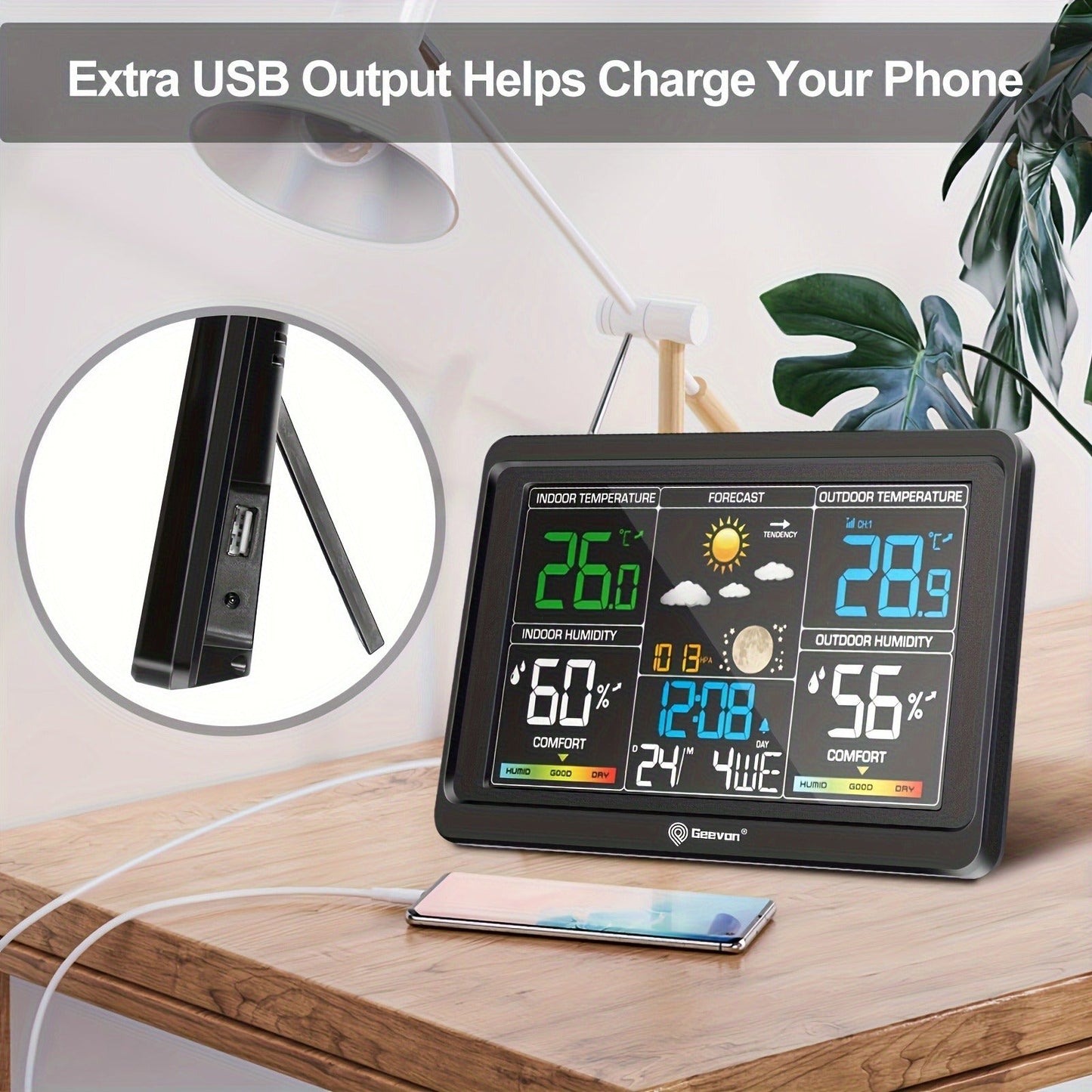 Wireless Weather Station – Indoor Outdoor Thermometer with 7.6" LCD, Barometer, Humidity, Moon Phase & USB Charging