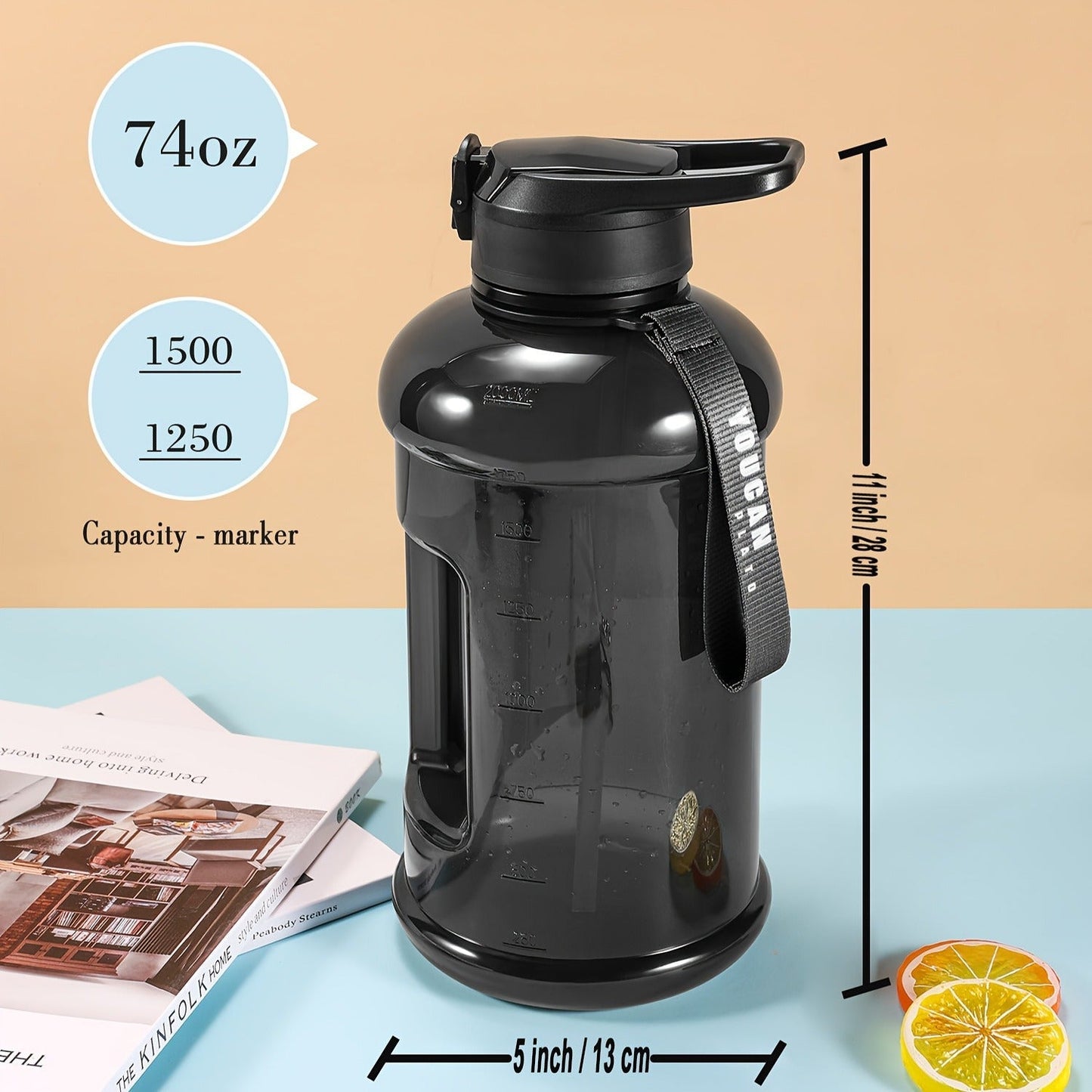 Half Gallon Water Bottle 74oz with Insulated Sleeve, Straw & Time Marker – BPA Free Leakproof Large Sports Jug with Carrying Handle & Strap