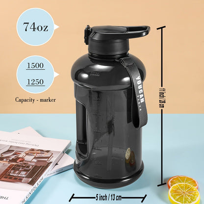 Half Gallon Water Bottle 74oz with Insulated Sleeve, Straw & Time Marker – BPA Free Leakproof Large Sports Jug with Carrying Handle & Strap