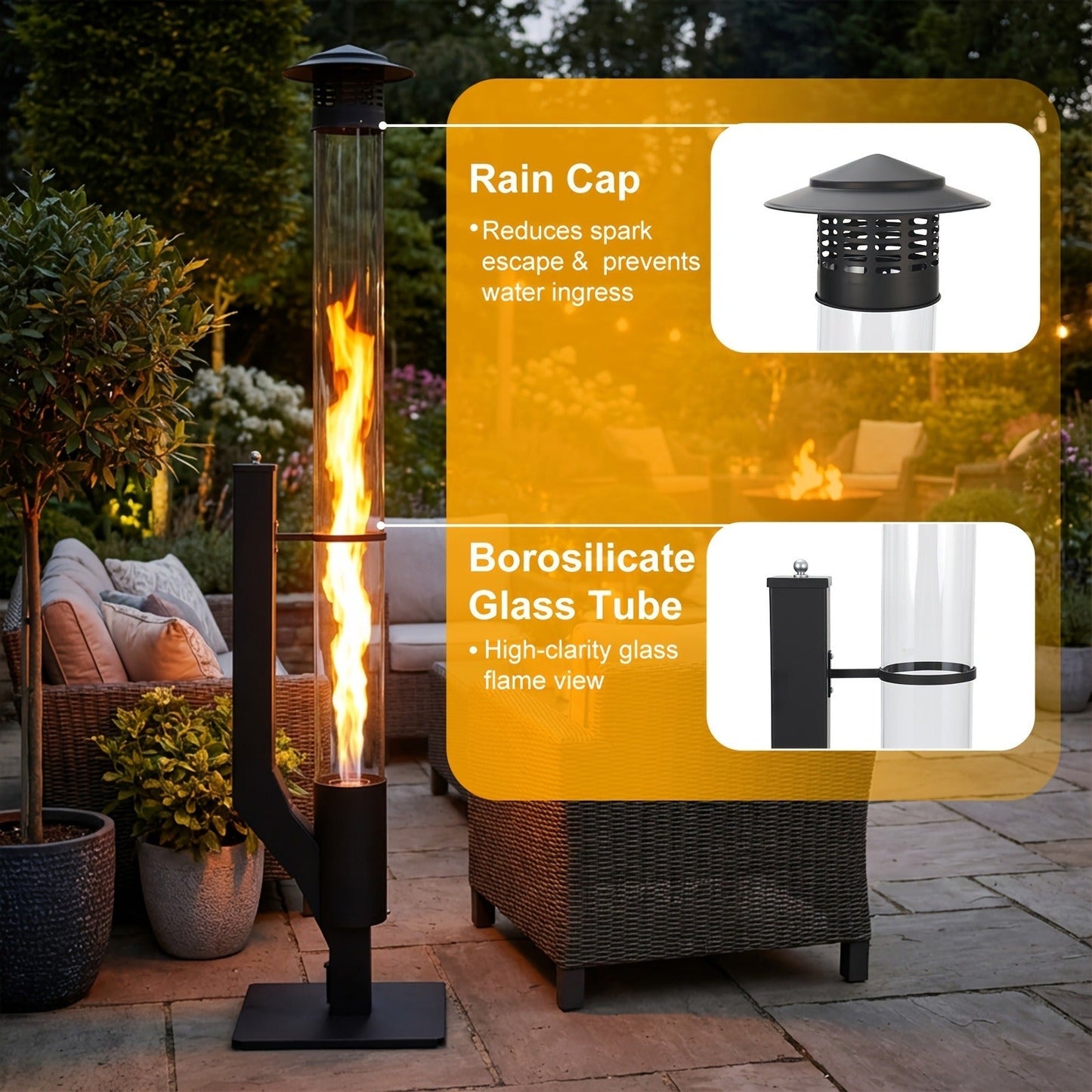 Outdoor Wood Pellet Patio Heater 56 Inch, Smokeless Portable Pellet Stove with Rain Cap, Viewing Window & Ash Tray