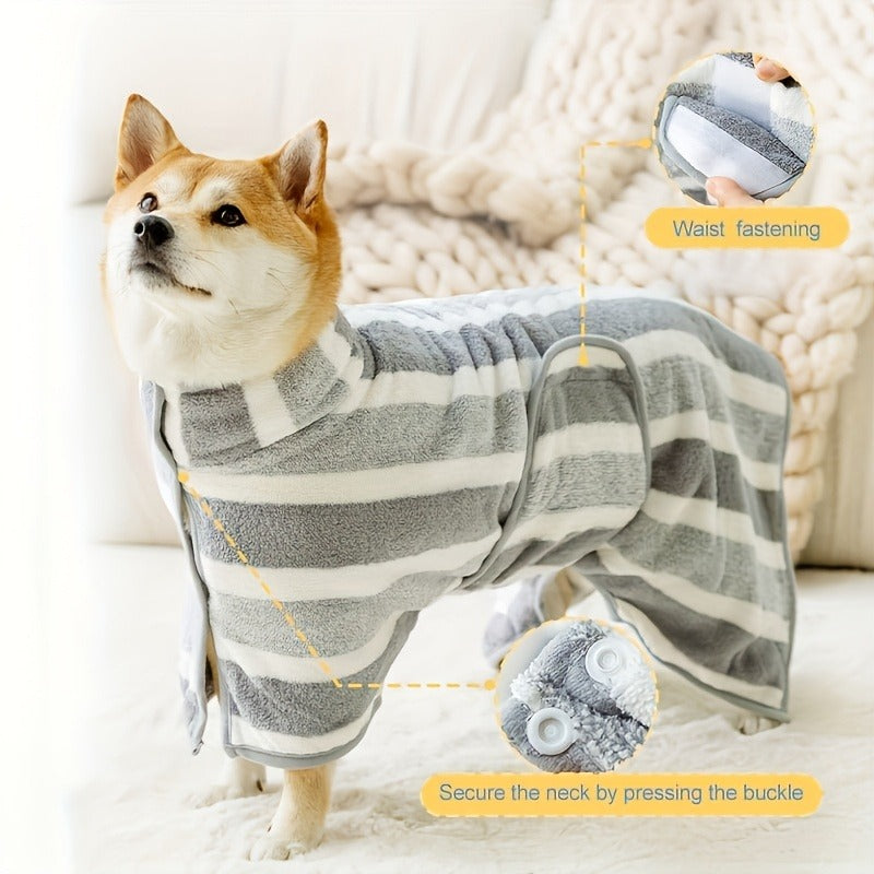 Gray Striped Microfiber Pet Bath Wrap with Adjustable Closure in Small, Medium and Large Sizes