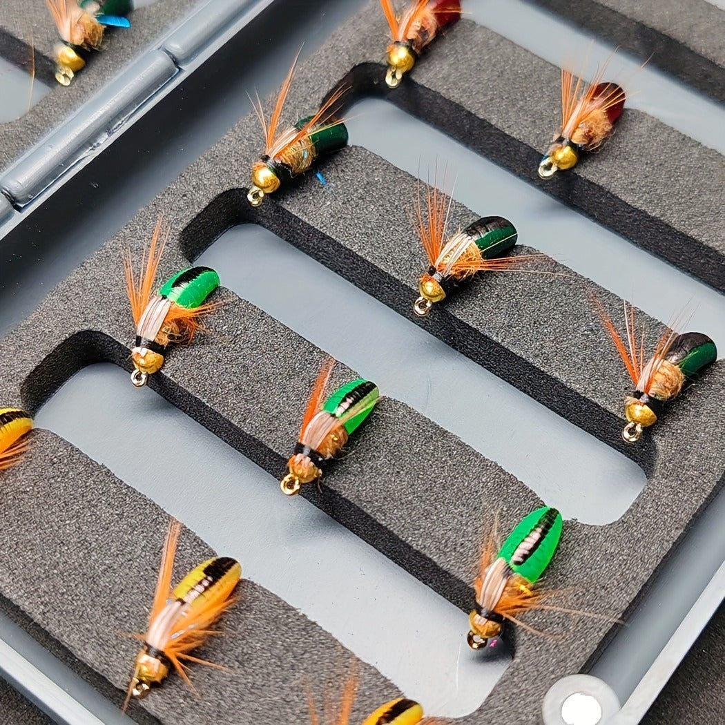 Trout Fly Fishing Flies Kit 24pcs – Brass Bead Head Caddis Nymph Lures Mixed Styles with Tackle Box, High Carbon Steel #10 Hooks for Bass