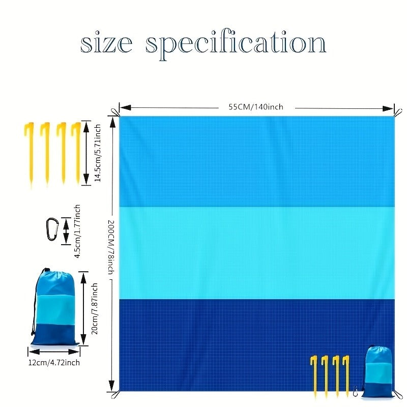 Blue Colorblock Beach Mat with Four Stakes and Carry Pouch, 55 x 78in Lightweight Foldable Size