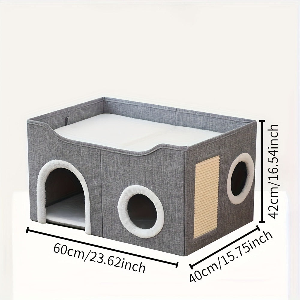 Multi-Tier Cat House & Indoor Cat Cube Bed – Foldable 2-Level Cat Tree with Scratching Post, Toy Tunnel & Plush Hanging Ball