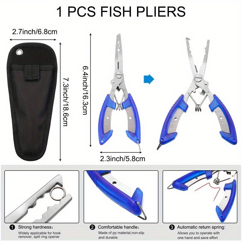 7-Piece Fishing Pliers & Fish Lip Gripper Combo – Saltwater Resistant Stainless Steel Hook Remover Set with Fish Scale & Storage Bag