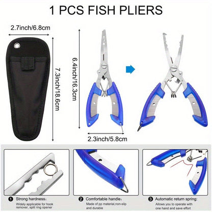 7-Piece Fishing Pliers & Fish Lip Gripper Combo – Saltwater Resistant Stainless Steel Hook Remover Set with Fish Scale & Storage Bag