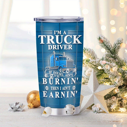 Truck Driver Graphic 20oz Stainless Steel Tumbler with Clear Lid and Blue Printed Finish for Daily Carry