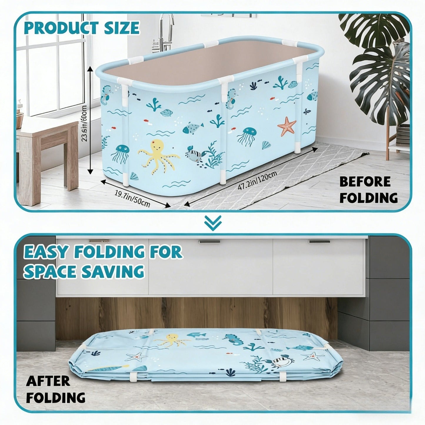Soaking Tub Foldable Portable for Adults 47.2"x19.7"x21.7", Freestanding Hot Bath & Ice Bath Spa Tub