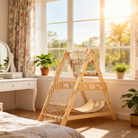 Cat Tree Triangle Cat Tower with Sisal Scratching Posts, Soft Hammock Bed & Hanging Feather Toys – Bamboo Stable Cat Climbing Tower