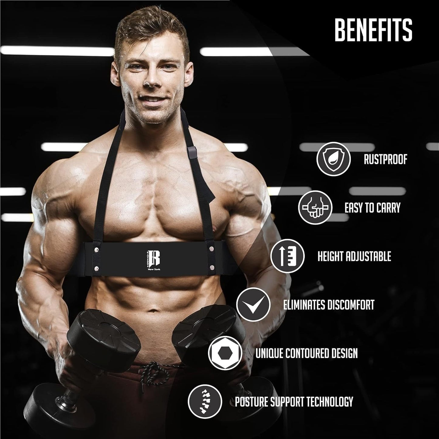 Arm Blaster for Biceps & Triceps – Heavy Duty Aluminum Bicep Curl Isolator, Adjustable Strap with Neck & Elbow Pads