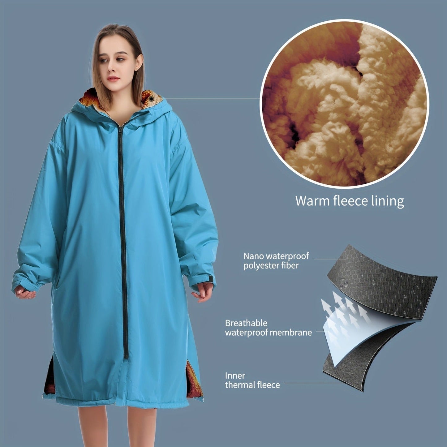 Changing Robe Fleece Lined Hooded – Long Sleeve Windproof Warm Surf Poncho for Swimming, Surfing, Diving, Camping & Hiking – 43.3x31.5in