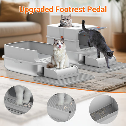Stainless Steel Cat Litter Box with Lid – Extra Large 68L Enclosed & Semi-Open Modular System, 304 Steel Non-Stick Easy Clean