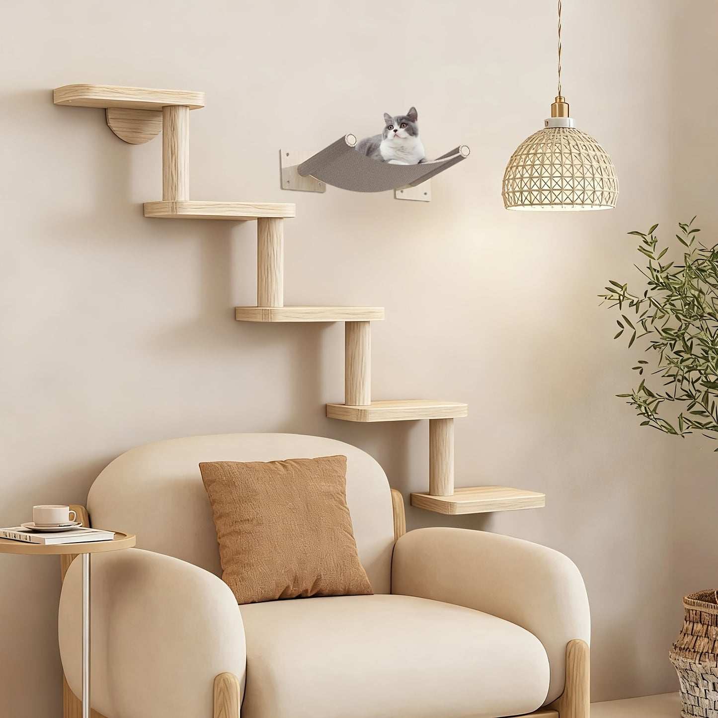 Wall-Mounted Cat Tree 5 Layers Solid Wood Indoor Cat Climbing Frame Jumping Platform Ladder Space-Saving for Small Spaces Multi-Cat Homes
