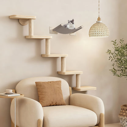 Wall-Mounted Cat Tree 5 Layers Solid Wood Indoor Cat Climbing Frame Jumping Platform Ladder Space-Saving for Small Spaces Multi-Cat Homes