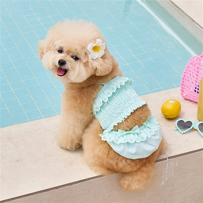 Dog Swimsuit Sky Blue Jumpsuit with Swim Cap – Pet Beach Vacation Outfit Bikini Vest for Dogs & Cats, Summer Swimming Costume