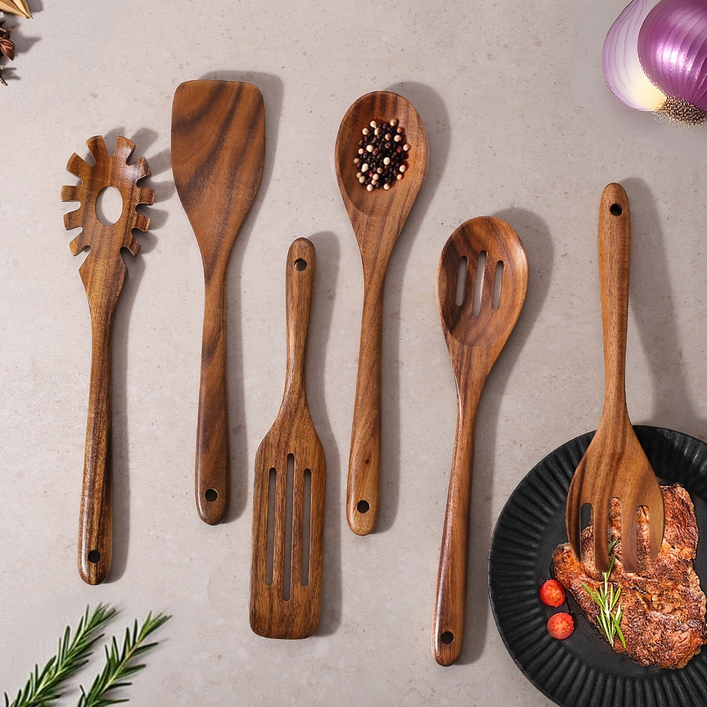 Wooden Cooking Utensils Set 6 Piece – Teak Wood Non-Stick Kitchen Tools with Comfortable Grip | Sturdy, Lightweight & Heat-Resistant