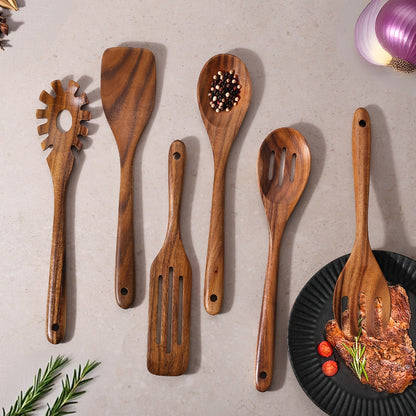 Wooden Cooking Utensils Set 6 Piece – Teak Wood Non-Stick Kitchen Tools with Comfortable Grip | Sturdy, Lightweight & Heat-Resistant