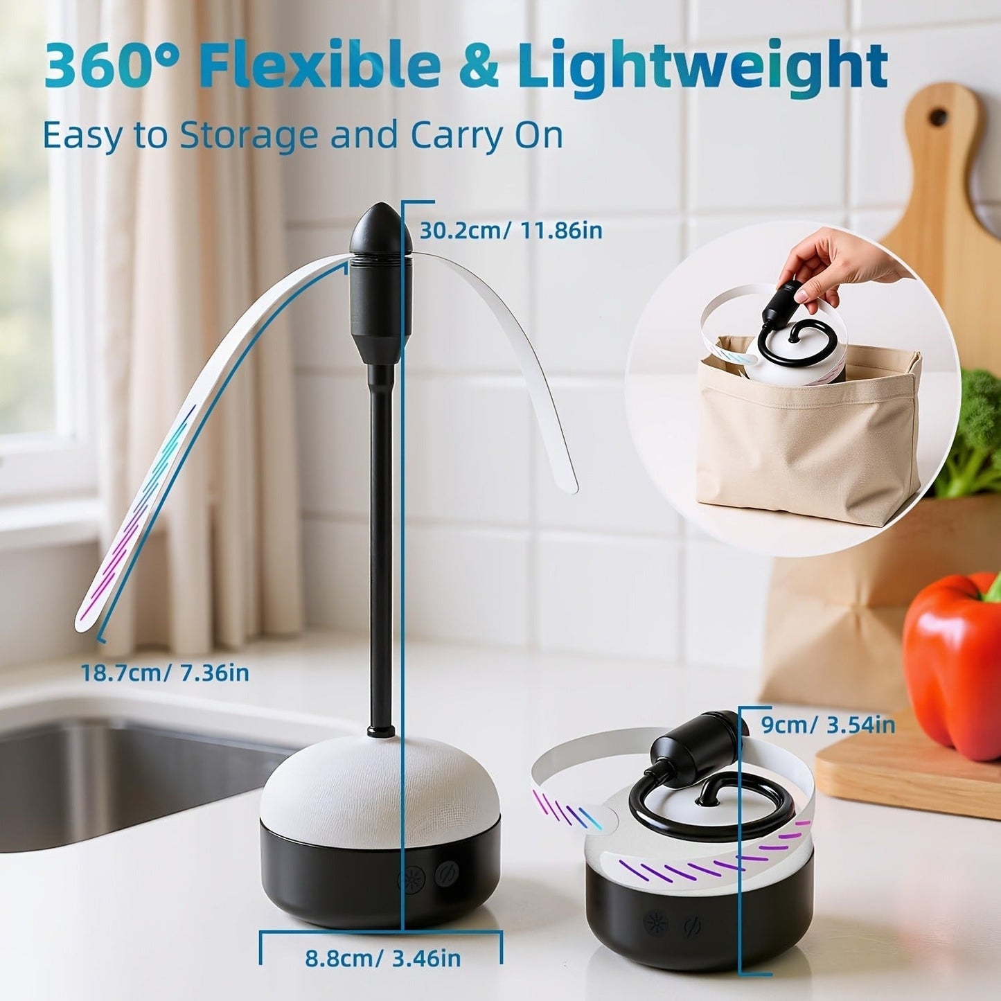 Desktop Reflective-Blade Fan Pest Control Device with Amber Light, Flexible Neck and USB Power for Tabletop Use