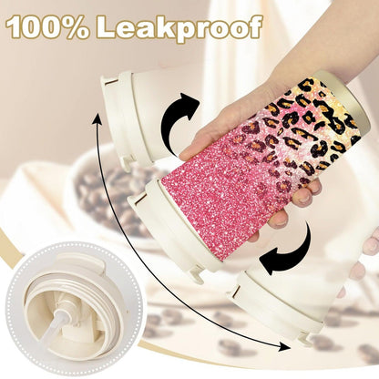 Glitter Leopard Print 18oz Stainless Steel Tumbler with Fold-Down Straw Lid and Carry Strap