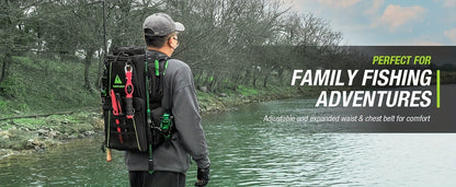 Large Fishing Tackle Bag with 4 Tackle Boxes – 43L Backpack with Rod Holder, Detachable Waist Pack & Gear Storage for Men Women | Black