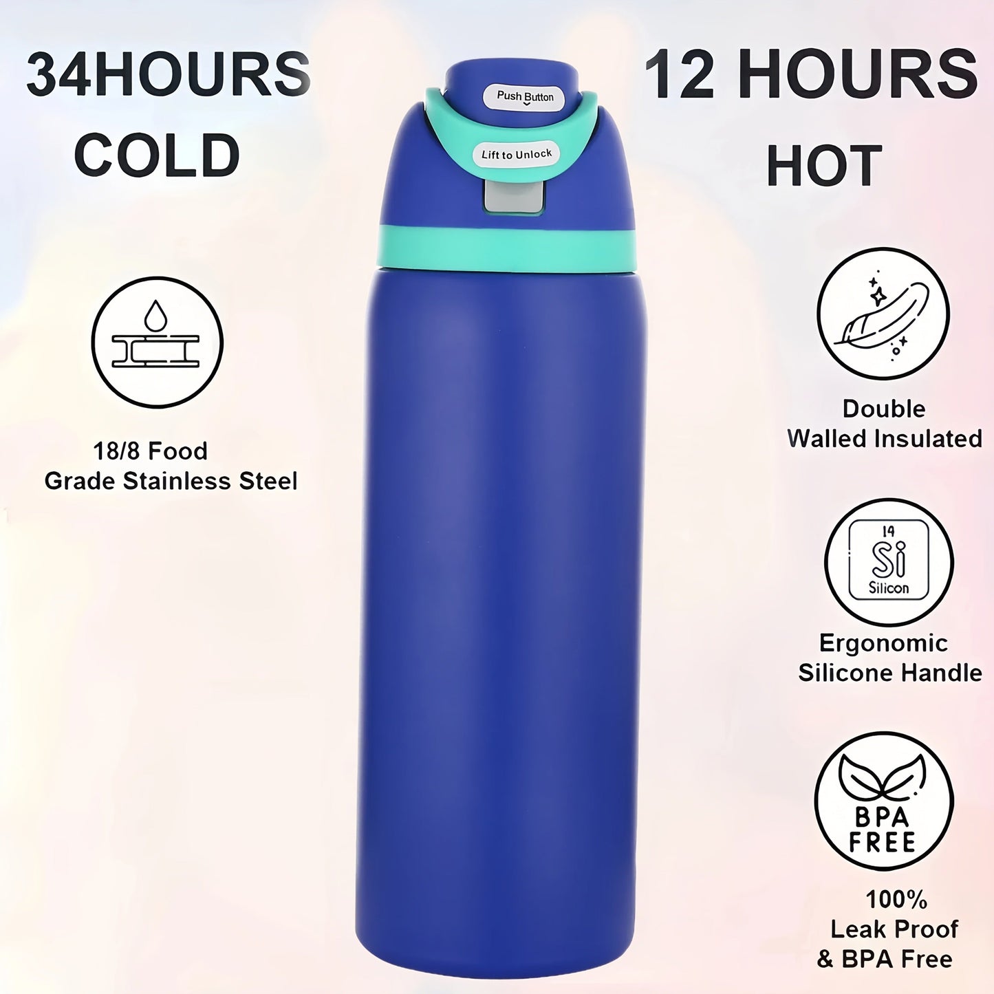 32oz Stainless Steel Water Bottle with Flip-Up Drinking Spout, Cleaning Brush and Five Solid Colors