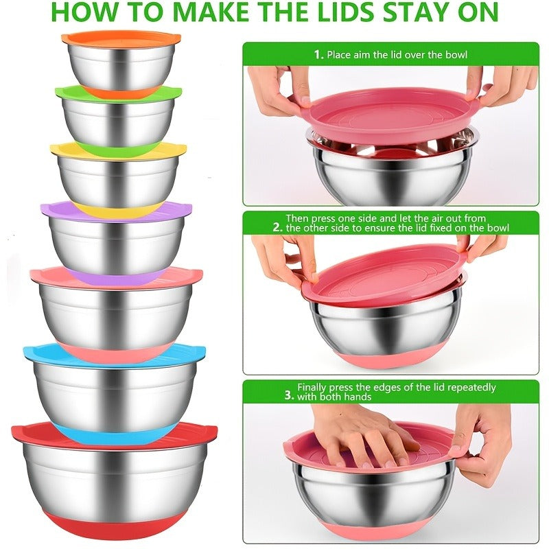 Stainless Steel Mixing Bowls Set with Airtight Lids 7 Piece, Stackable Nesting Bowls with Measuring Spoons Whisk Spatula Tongs Basting