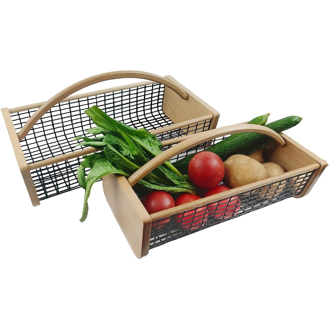 Garden Harvest Basket Metal Mesh with Wooden Handle – Rectangle Vegetable Fruit Picking Basket for Garden, Kitchen & Farmhouse Storage