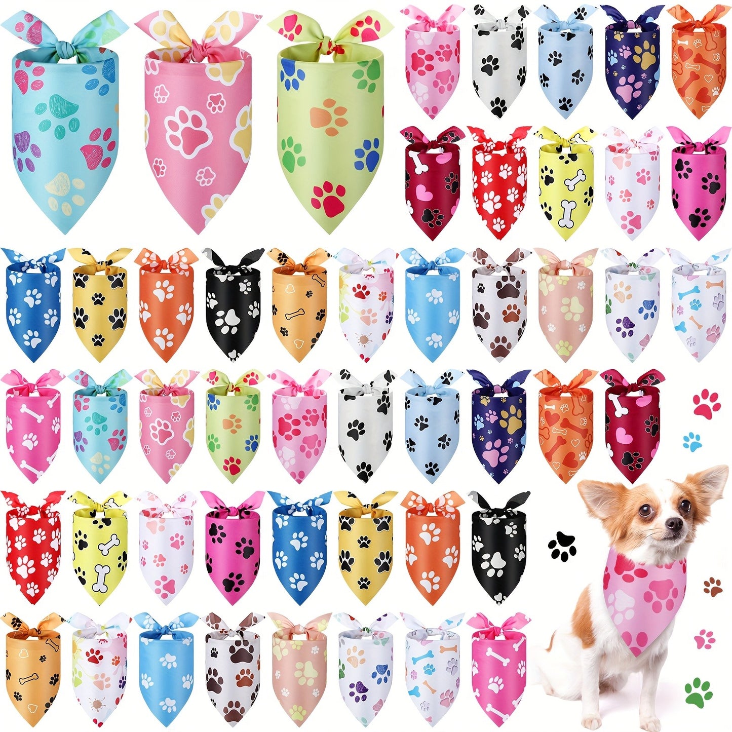 Dog Bandanas 50-Pack Paw Print Triangle Kerchief Bulk Set – Pet Costume Bibs for Dogs & Cats, Party Accessories for Grooming Salons
