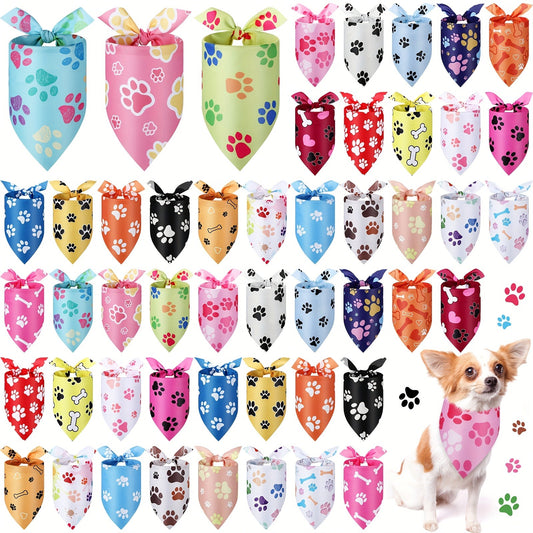 Dog Bandanas 50-Pack Paw Print Triangle Kerchief Bulk Set – Pet Costume Bibs for Dogs & Cats, Party Accessories for Grooming Salons