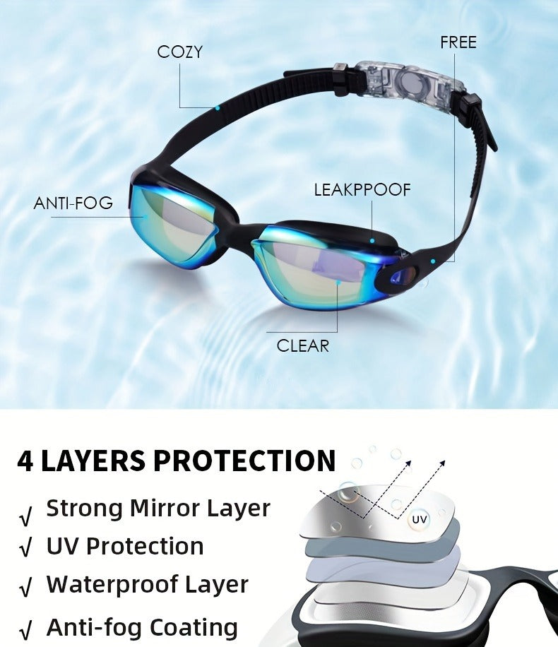 Two-Pack Mirrored Swim Goggles with Adjustable Split Straps and Black-White or Red-Blue Color Sets