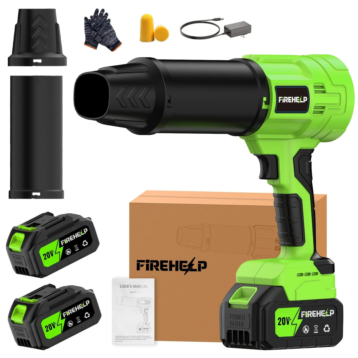 20V Cordless Leaf Blower with 50, 000 RPM Marking, Yellow or Green Body and Six Dual-Battery Package Options