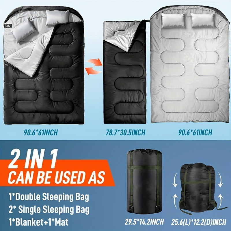 Double Sleeping Bag XL with Pillow for Two Adults – 2-Person Couple Sleeping Bag for Year-Round Camping, Hiking & Backpacking in Cold & Warm