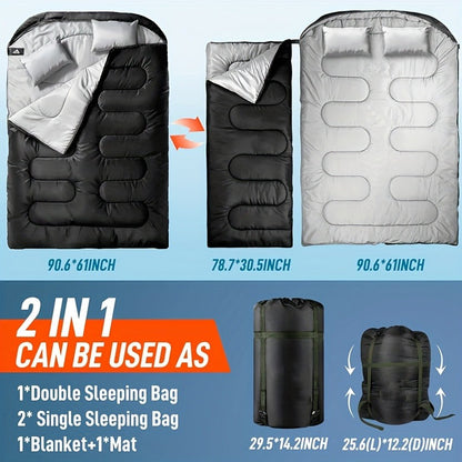 Double Sleeping Bag XL with Pillow for Two Adults – 2-Person Couple Sleeping Bag for Year-Round Camping, Hiking & Backpacking in Cold & Warm