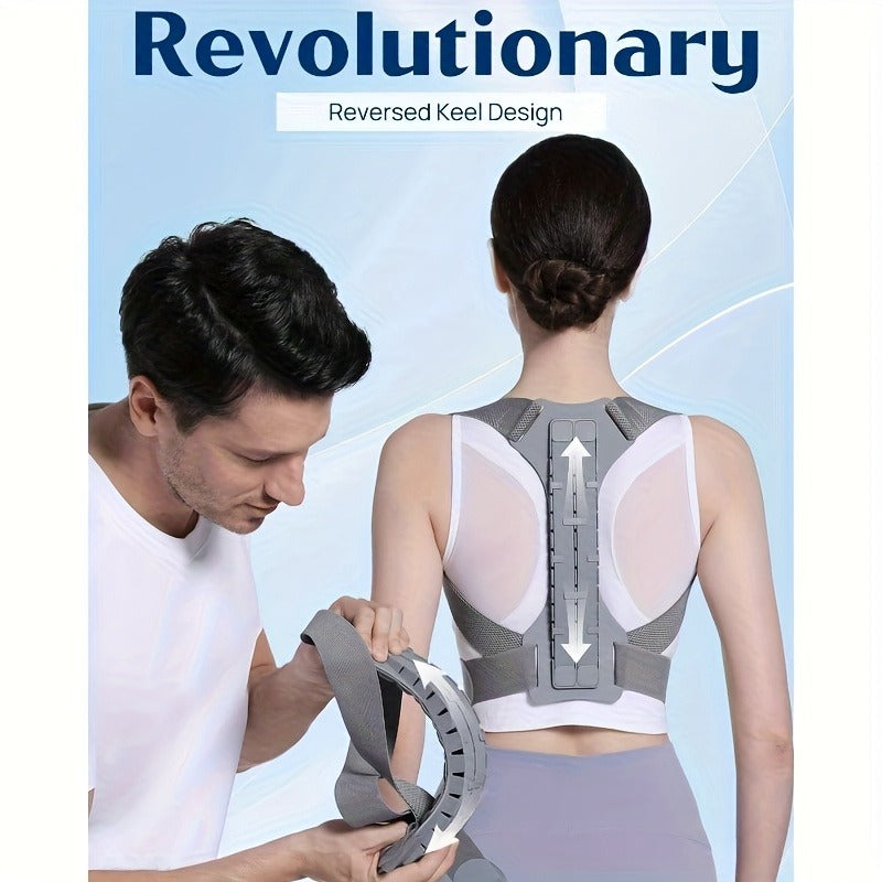 Grey Adjustable Posture Brace with Shoulder Straps and S, M, L or XL Size Options for Daily Routines