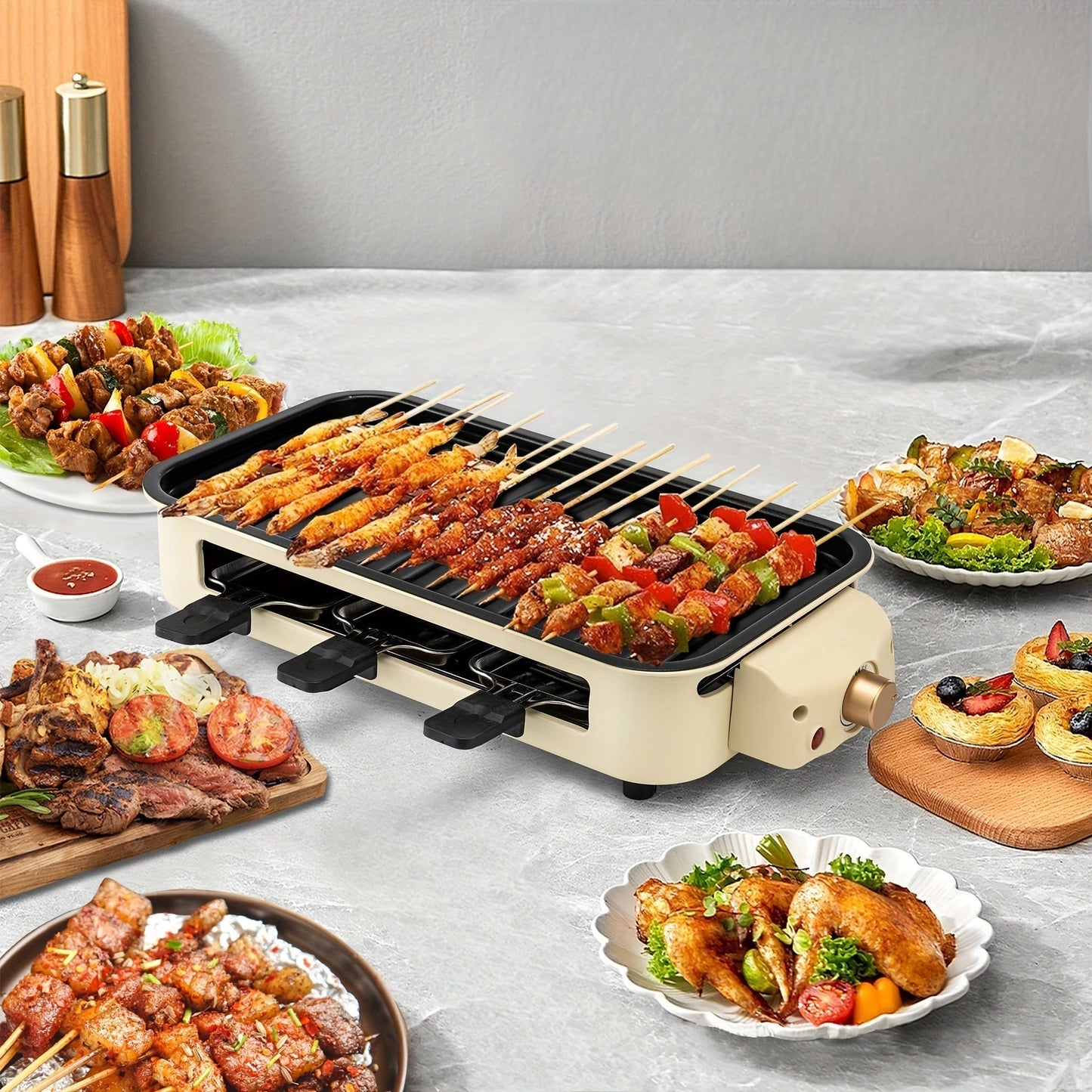 Indoor Smokeless Electric Grill 1500W Non-Stick Raclette Table Grill with Removable Plate & 3 Mini Pans Compact BBQ Griddle