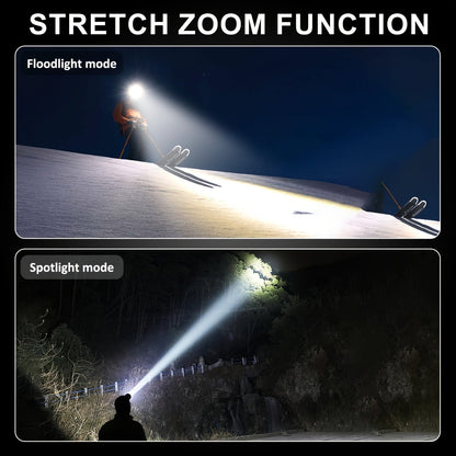 2000LM-Labeled Rechargeable Zoom Headlamp with Four Modes, 400m Beam Label, Rear Red Lamp and 90° Tilt