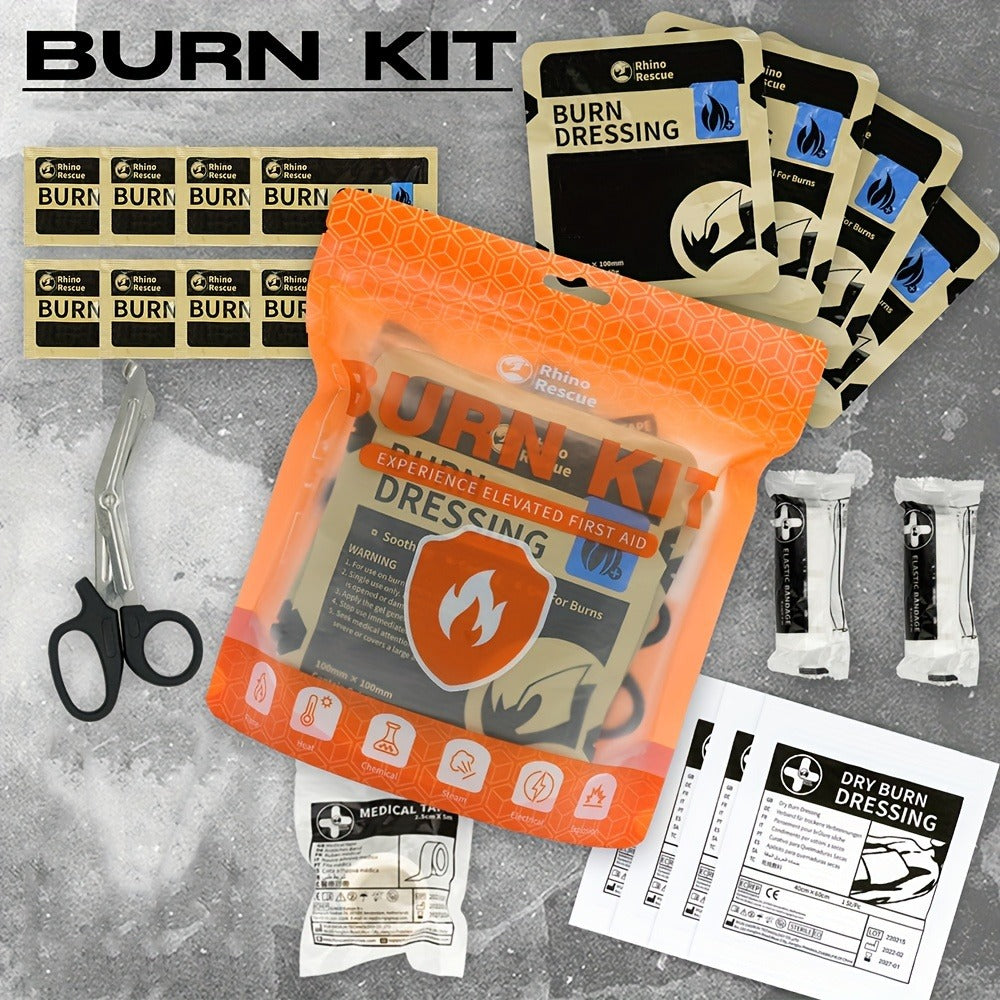 RHINO RESCUE Burn Dressing First Aid Kit with 20 Labeled Supplies in an Orange Zipper Pouch