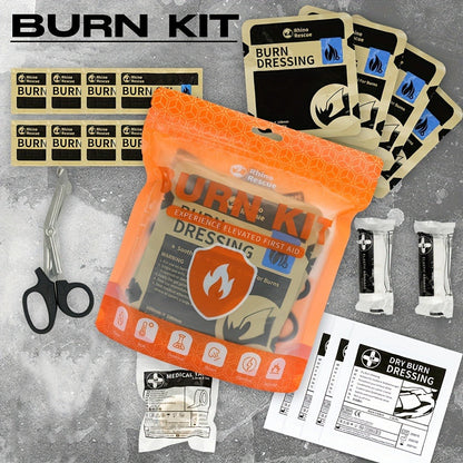 RHINO RESCUE Burn Dressing First Aid Kit with 20 Labeled Supplies in an Orange Zipper Pouch