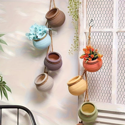 Hanging Planters Set of 4 Bohemian Geometric Porcelain Pots with Hemp Rope
