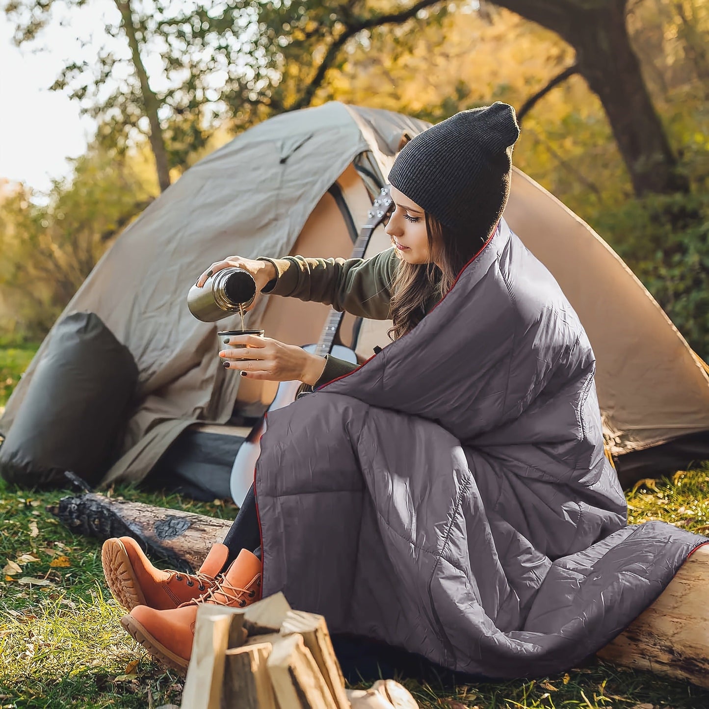 Puffy Camping Blanket Foldable Lightweight Water Resistant with 3D Eye Mask – DWR Coated Outdoor Blanket for Camping, Hiking, Travel, Beach