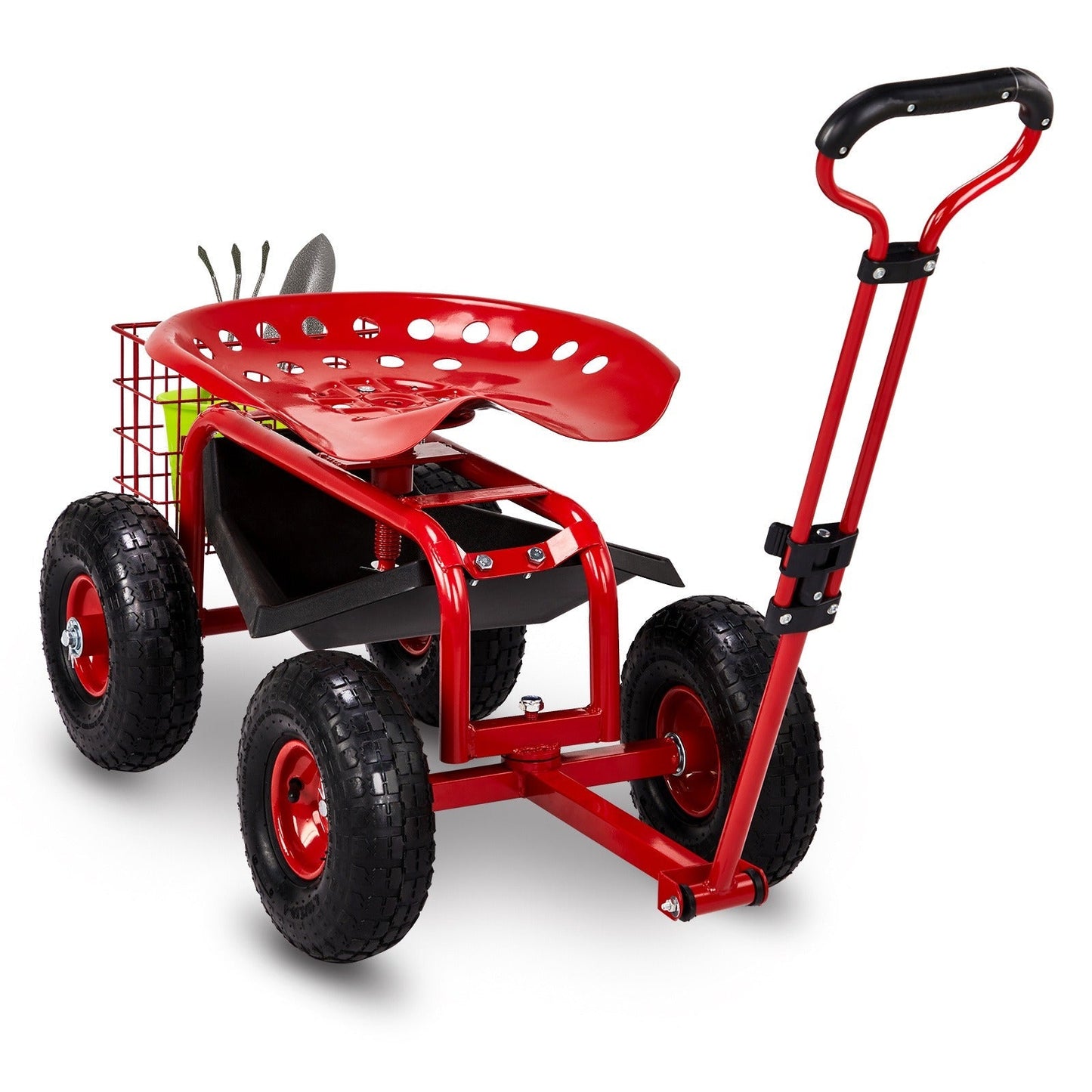 Rolling Garden Seat Cart, Backrest, Cushion, Telescopic Handle & Storage Basket, Steel Frame