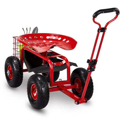 Rolling Garden Seat Cart, Backrest, Cushion, Telescopic Handle & Storage Basket, Steel Frame