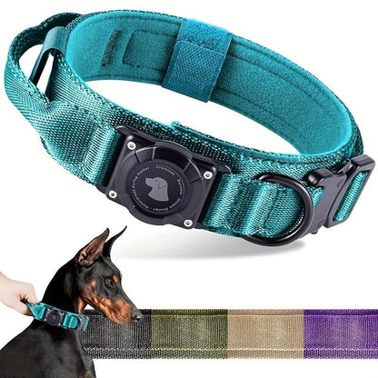 Tactical Dog Collar with Handle and Round Tracker Holder Case in Nine Colors and Sizes M to XL