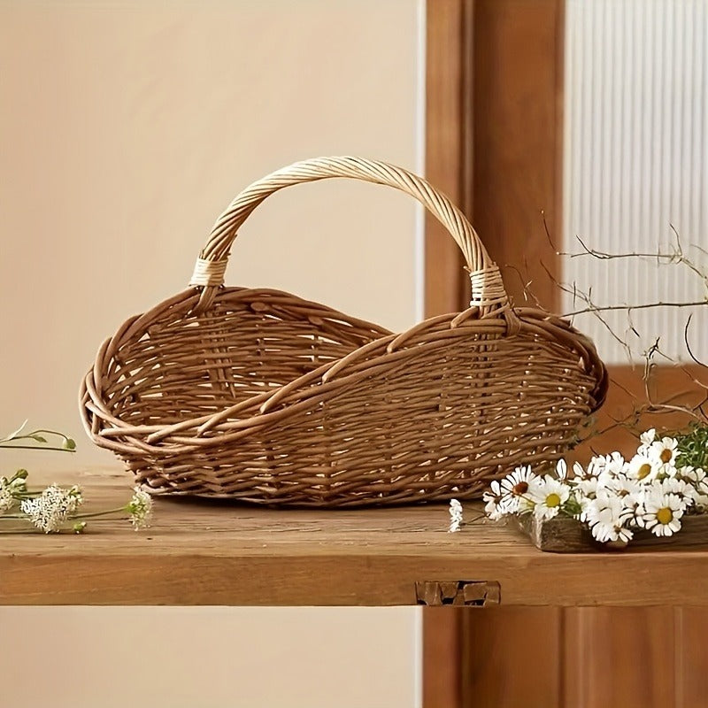 Natural Wicker Storage Basket with Thick-Wall Oval Design for Flowers, Produce and Farmhouse Display