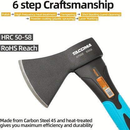 Camping Hatchet Mini Axe 10-Inch Forged High-Carbon Steel with Fiberglass Shock-Absorbing Handle